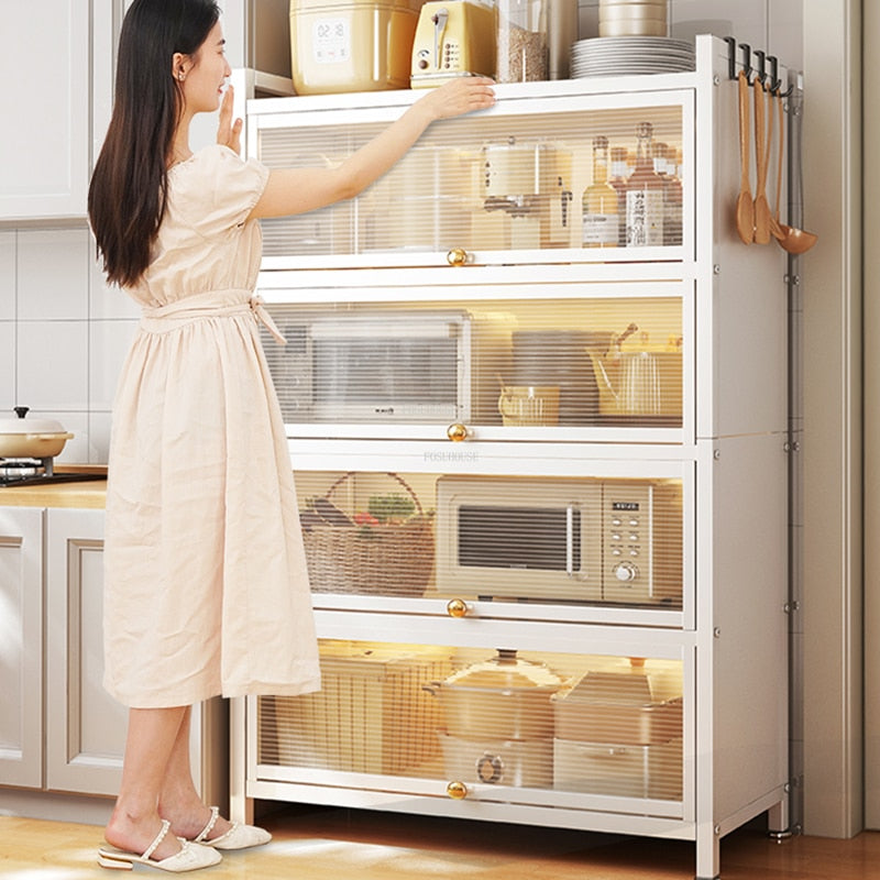 Modern Carbon Steel Kitchen Cabinets Home Kitchen Furniture Simple Tableware Storage Cabinet Multi-layer Shelf with Flip Door